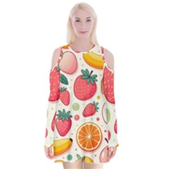 Fruit Sweet Pattern Velvet Long Sleeve Shoulder Cutout Dress