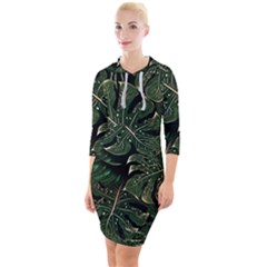 Monstera Plant Tropical Jungle Quarter Sleeve Hood Bodycon Dress by Ravend