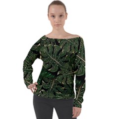 Monstera Plant Tropical Jungle Off Shoulder Long Sleeve Velour Top