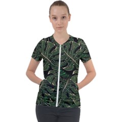 Monstera Plant Tropical Jungle Short Sleeve Zip Up Jacket