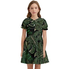 Monstera Plant Tropical Jungle Kids  Bow Tie Puff Sleeve Dress by Ravend