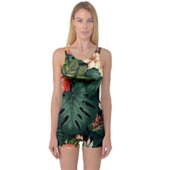 Flowers Monstera Foliage Tropical One Piece Boyleg Swimsuit