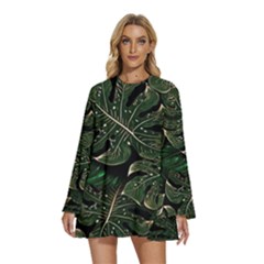 Monstera Plant Tropical Jungle Round Neck Long Sleeve Bohemian Style Chiffon Mini Dress by Ravend