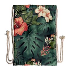 Flowers Monstera Foliage Tropical Drawstring Bag (large) by Ravend