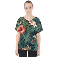 Flowers Monstera Foliage Tropical V-neck Dolman Drape Top by Ravend