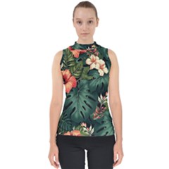 Flowers Monstera Foliage Tropical Mock Neck Shell Top