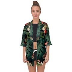 Flowers Monstera Foliage Tropical Open Front Chiffon Kimono