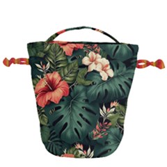 Flowers Monstera Foliage Tropical Drawstring Bucket Bag by Ravend