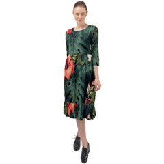 Flowers Monstera Foliage Tropical Ruffle End Midi Chiffon Dress by Ravend