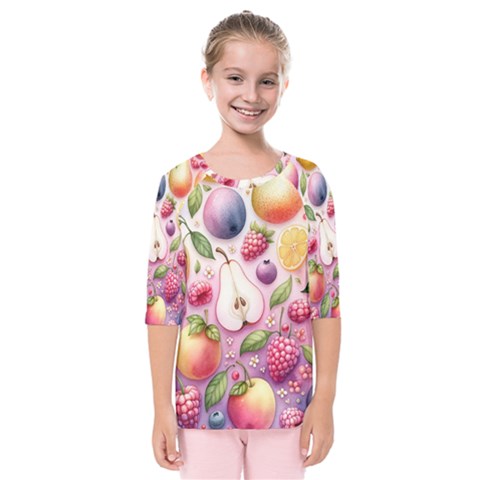 Fruits Apple Strawberry Raspberry Kids  Quarter Sleeve Raglan T-shirt by Ravend