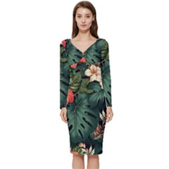 Flowers Monstera Foliage Tropical Long Sleeve V-neck Bodycon Dress 