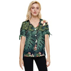 Flowers Monstera Foliage Tropical Bow Sleeve Button Up Top