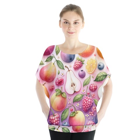 Fruits Apple Strawberry Raspberry Batwing Chiffon Blouse by Ravend