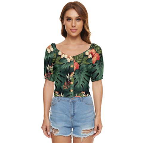 Flowers Monstera Foliage Tropical Button Up Blouse by Ravend