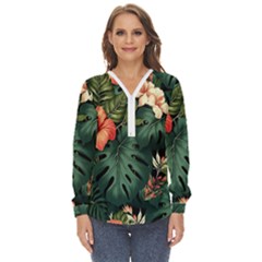 Flowers Monstera Foliage Tropical Zip Up Long Sleeve Blouse