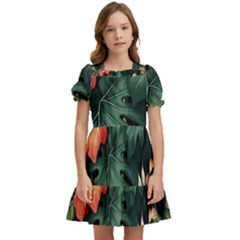 Flowers Monstera Foliage Tropical Kids  Puff Sleeved Dress