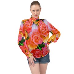 Bouquet Floral Blossom Anniversary High Neck Long Sleeve Chiffon Top