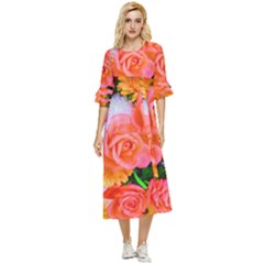 Bouquet Floral Blossom Anniversary Double Cuff Midi Dress