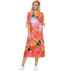 Bouquet Floral Blossom Anniversary Bow Sleeve Chiffon Midi Dress by Ravend