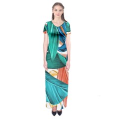 Leaves Tropical Exotic Green Plant Short Sleeve Maxi Dress