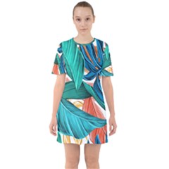 Leaves Tropical Exotic Green Plant Sixties Short Sleeve Mini Dress