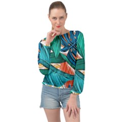 Leaves Tropical Exotic Green Plant Banded Bottom Chiffon Top by Ravend