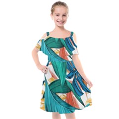 Leaves Tropical Exotic Green Plant Kids  Cut Out Shoulders Chiffon Dress by Ravend