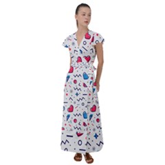 Hearts Seamless Pattern Memphis Style Flutter Sleeve Maxi Dress