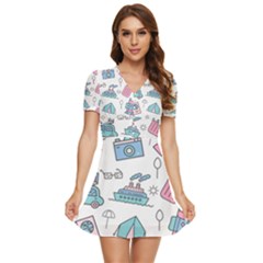 Transportation Seamless Pattern V-neck High Waist Chiffon Mini Dress by Grandong