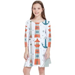 Nautical Elements Pattern Background Kids  Quarter Sleeve Skater Dress by Grandong