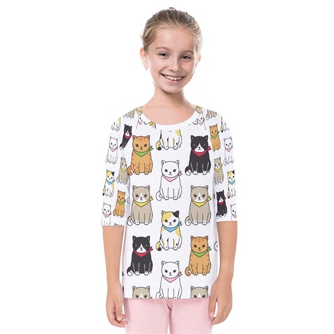 Cat Kitten Seamless Pattern Kids  Quarter Sleeve Raglan T-shirt by Grandong