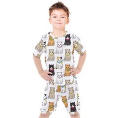 Cat Kitten Seamless Pattern Kids  T-shirt And Shorts Set by Grandong