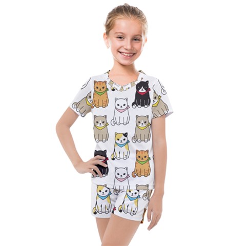Cat Kitten Seamless Pattern Kids  Mesh T-shirt And Shorts Set by Grandong