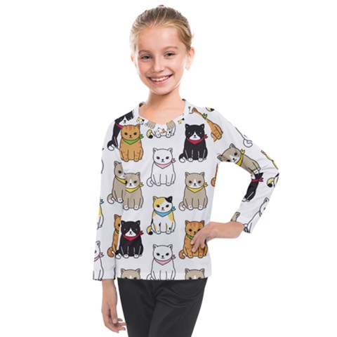 Cat Kitten Seamless Pattern Kids  Long Mesh T-shirt by Grandong