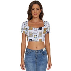 Cat Kitten Seamless Pattern Short Sleeve Square Neckline Crop Top  by Grandong