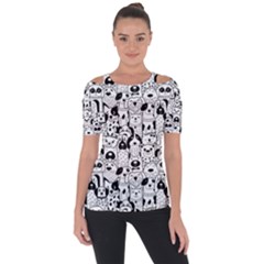 Seamless Pattern With Black White Doodle Dogs Shoulder Cut Out Short Sleeve Top by Grandong