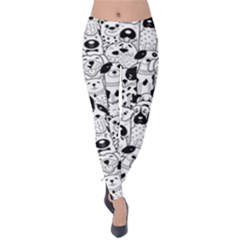 Seamless Pattern With Black White Doodle Dogs Velvet Leggings by Grandong