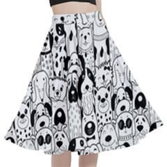 Seamless Pattern With Black White Doodle Dogs A-line Full Circle Midi Skirt With Pocket by Grandong