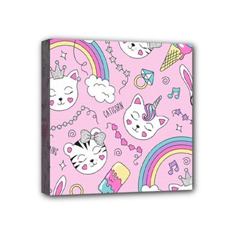 Cute Cat Kitten Cartoon Doodle Seamless Pattern Mini Canvas 4  x 4  (Stretched)