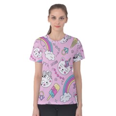 Cute Cat Kitten Cartoon Doodle Seamless Pattern Women s Cotton T-Shirt
