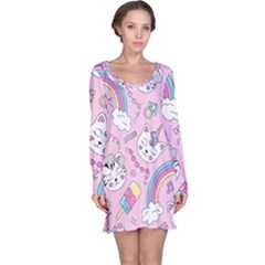 Cute Cat Kitten Cartoon Doodle Seamless Pattern Long Sleeve Nightdress