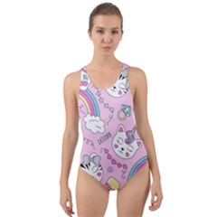 Cute Cat Kitten Cartoon Doodle Seamless Pattern Cut-Out Back One Piece Swimsuit