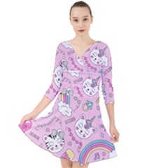 Cute Cat Kitten Cartoon Doodle Seamless Pattern Quarter Sleeve Front Wrap Dress