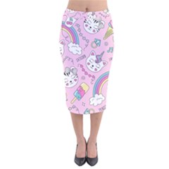 Cute Cat Kitten Cartoon Doodle Seamless Pattern Velvet Midi Pencil Skirt