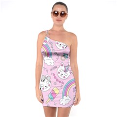 Cute Cat Kitten Cartoon Doodle Seamless Pattern One Shoulder Ring Trim Bodycon Dress