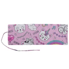 Cute Cat Kitten Cartoon Doodle Seamless Pattern Roll Up Canvas Pencil Holder (M)