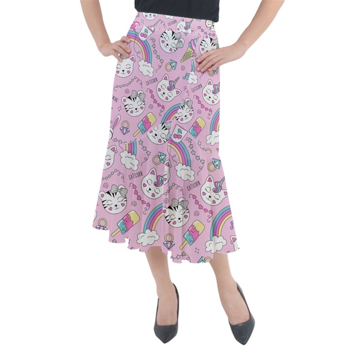 Cute Cat Kitten Cartoon Doodle Seamless Pattern Midi Mermaid Skirt