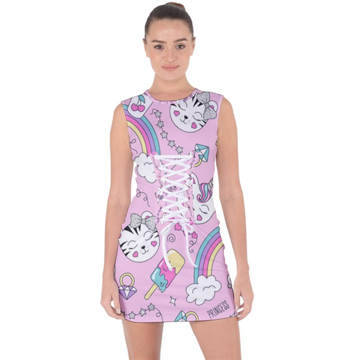 Cute Cat Kitten Cartoon Doodle Seamless Pattern Lace Up Front Bodycon Dress