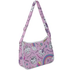 Cute Cat Kitten Cartoon Doodle Seamless Pattern Zip Up Shoulder Bag