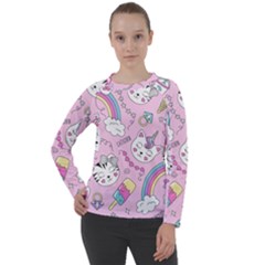 Cute Cat Kitten Cartoon Doodle Seamless Pattern Women s Long Sleeve Raglan T-Shirt